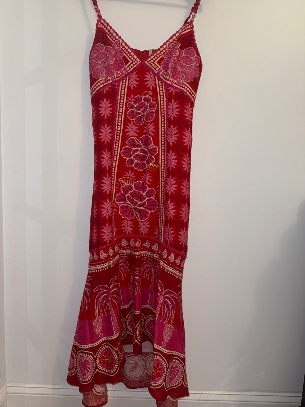 🌺 Farm Rio Summer Sunrise Embroidered Linen Maxi Dress Size Large Red Pink - Picture 7 of 16